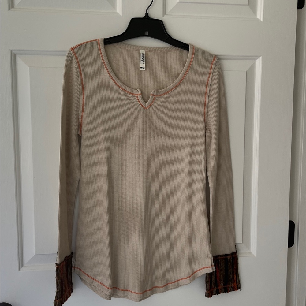 LeShop Beige Waffle Knit Top with Orange Stitching Super Cute